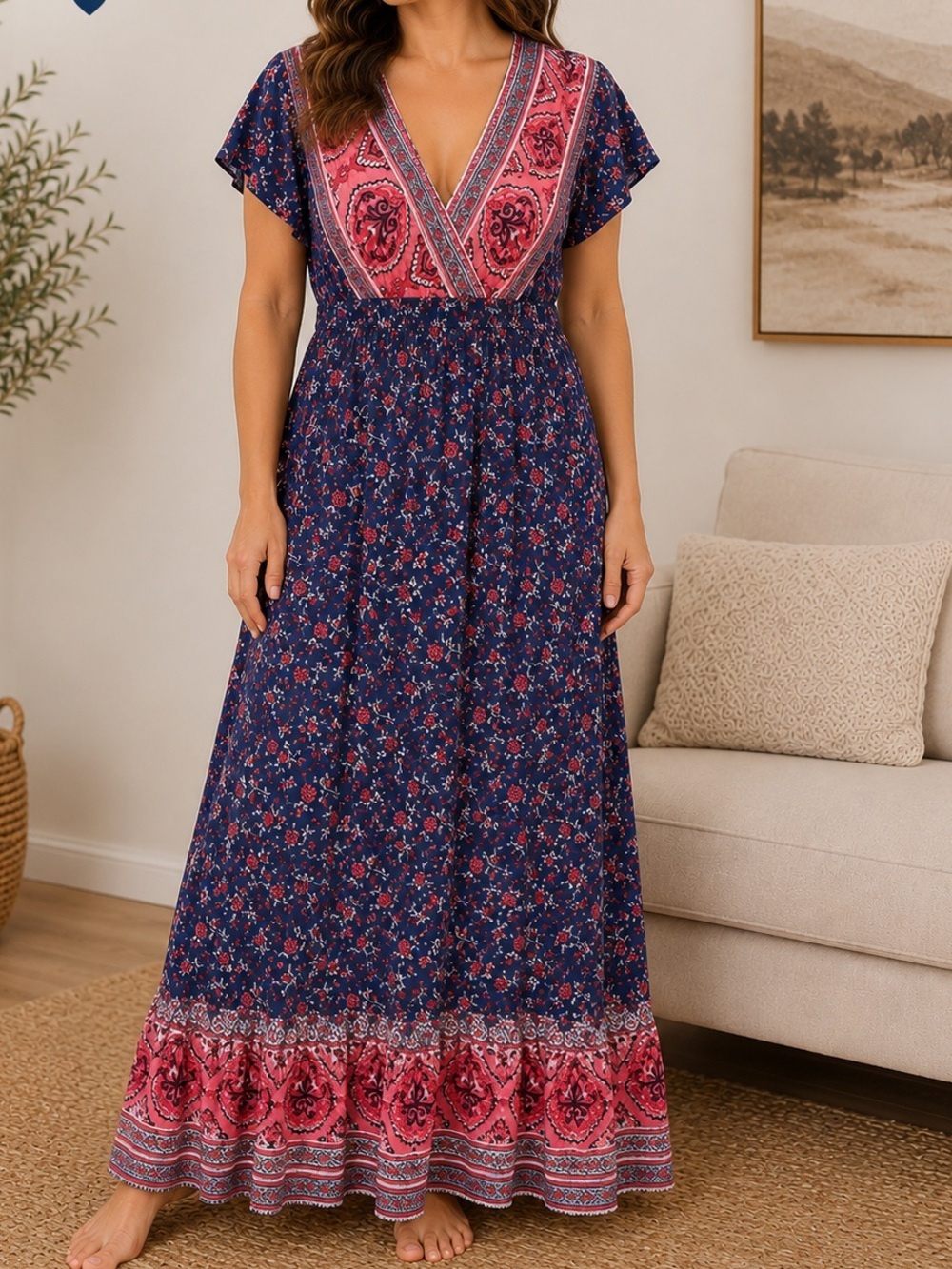 Xhilaration Blue and Coral Floral Wrap Maxi Dress LARGE Pit 16”
Length 53”